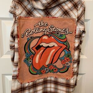 Women’s Custom Rolling Stones Plaid Flannel Hoodie Band Shirt Sz S
